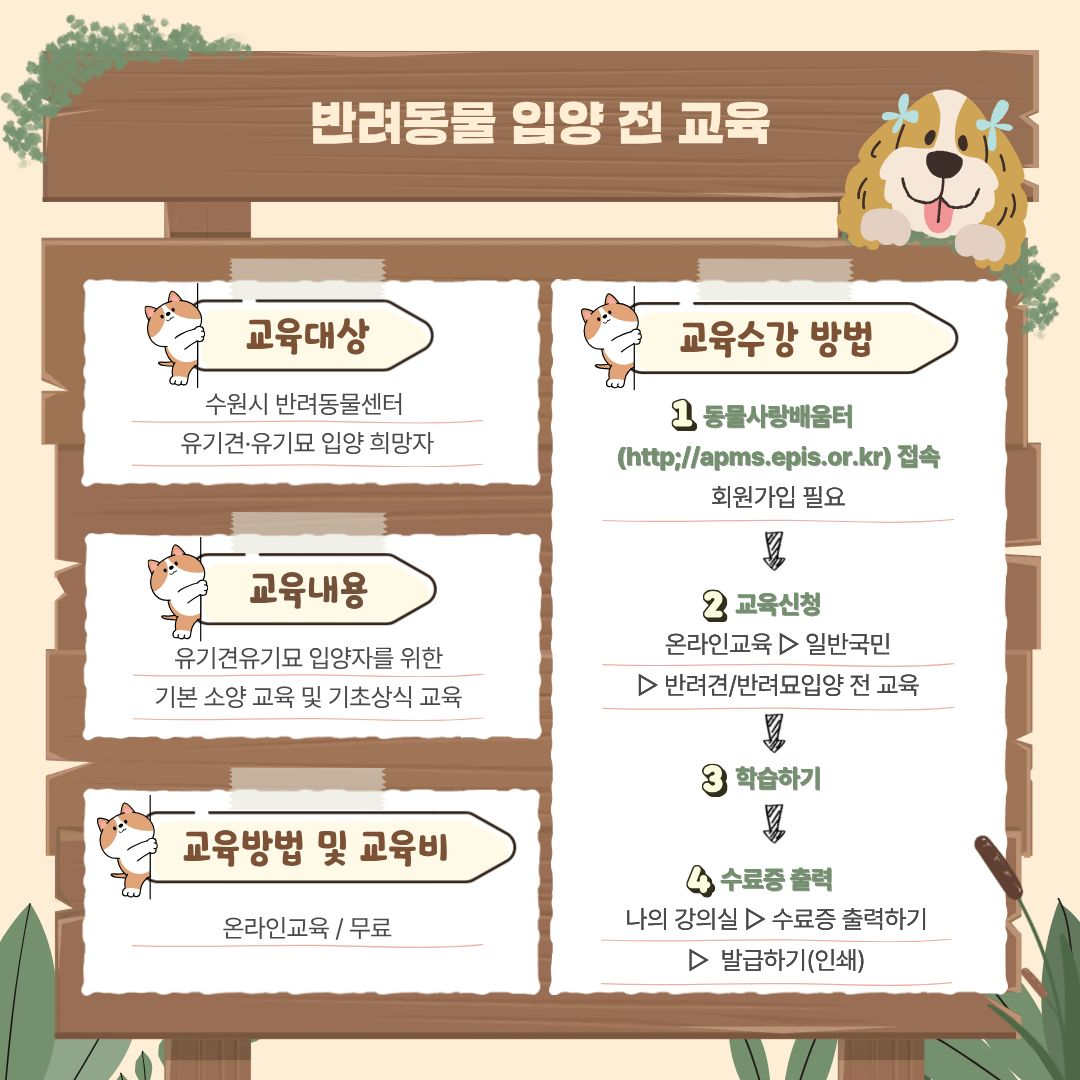 4. 반려동물 입양 전 교육
교육대상: 수원시 반려동물센터 유기견·유기묘 입양 희망자
교육내용: 유기견·유기묘 입양자를 위한 기본 소양 교육 및 기초상식 교육
교육방법 및 교육비: 온라인교육 / 무료
교육수강 방법:
동물사랑배움터 (http://apms.epis.or.kr) 접속 (회원가입 필요)
교육신청: 온라인교육 → 일반국민 → 반려견/반려묘 입양 전 교육
학습하기
수료증 출력: 나의 강의실 → 수료증 출력하기 → 발급하기(인쇄)